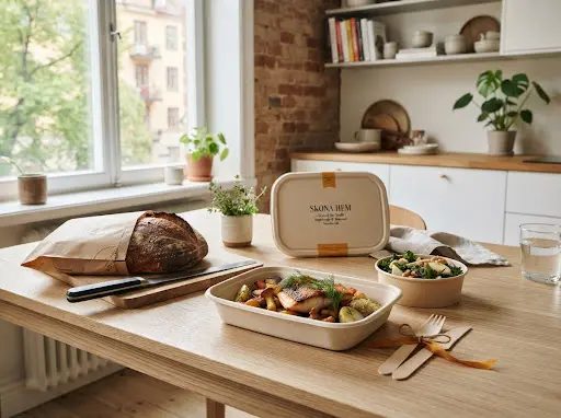 En måltid med bröd och mat i takeawayförpackningar på ett ljust köksbord